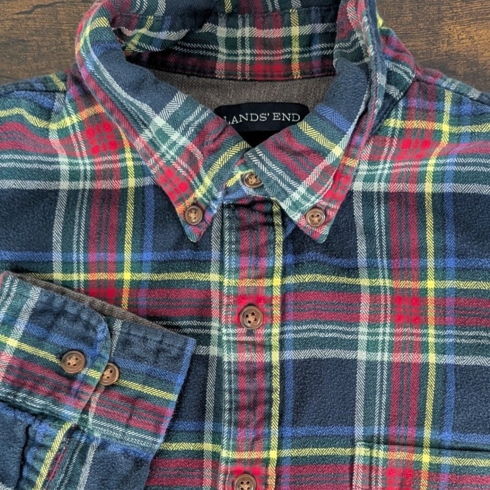 Lands End Flannel Shirt Navy Blue Red Plaid Button Down Sz L 16-16.5 Heritage